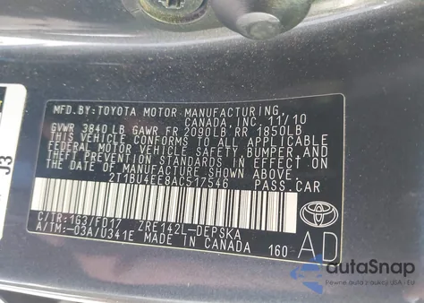 2010 Toyota Corolla S из США, поврежденный, VIN 2T1BU4EE8AC517546